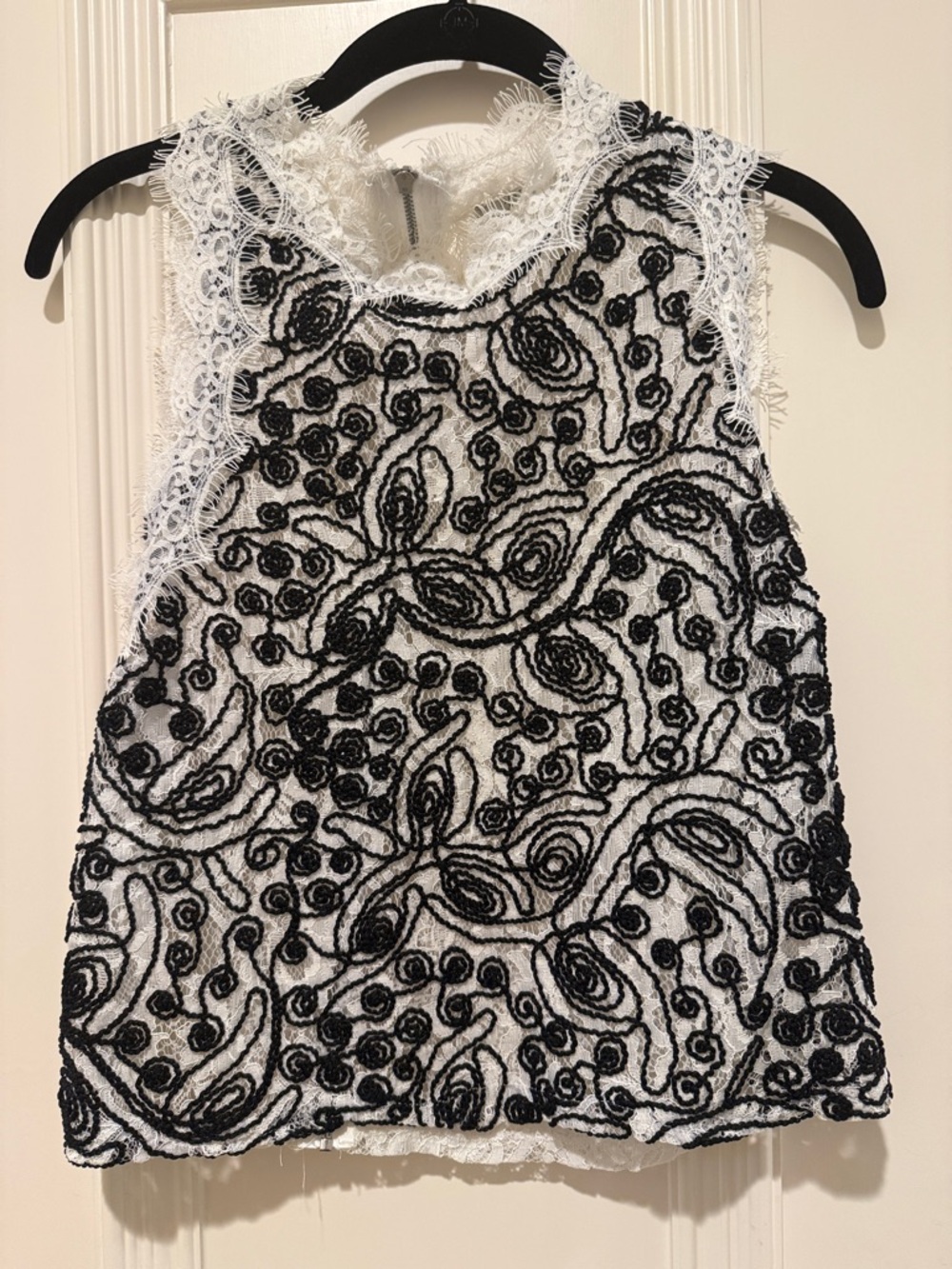 Zara White Lace Trimmed Beaded Camisole with Black Embroidery
